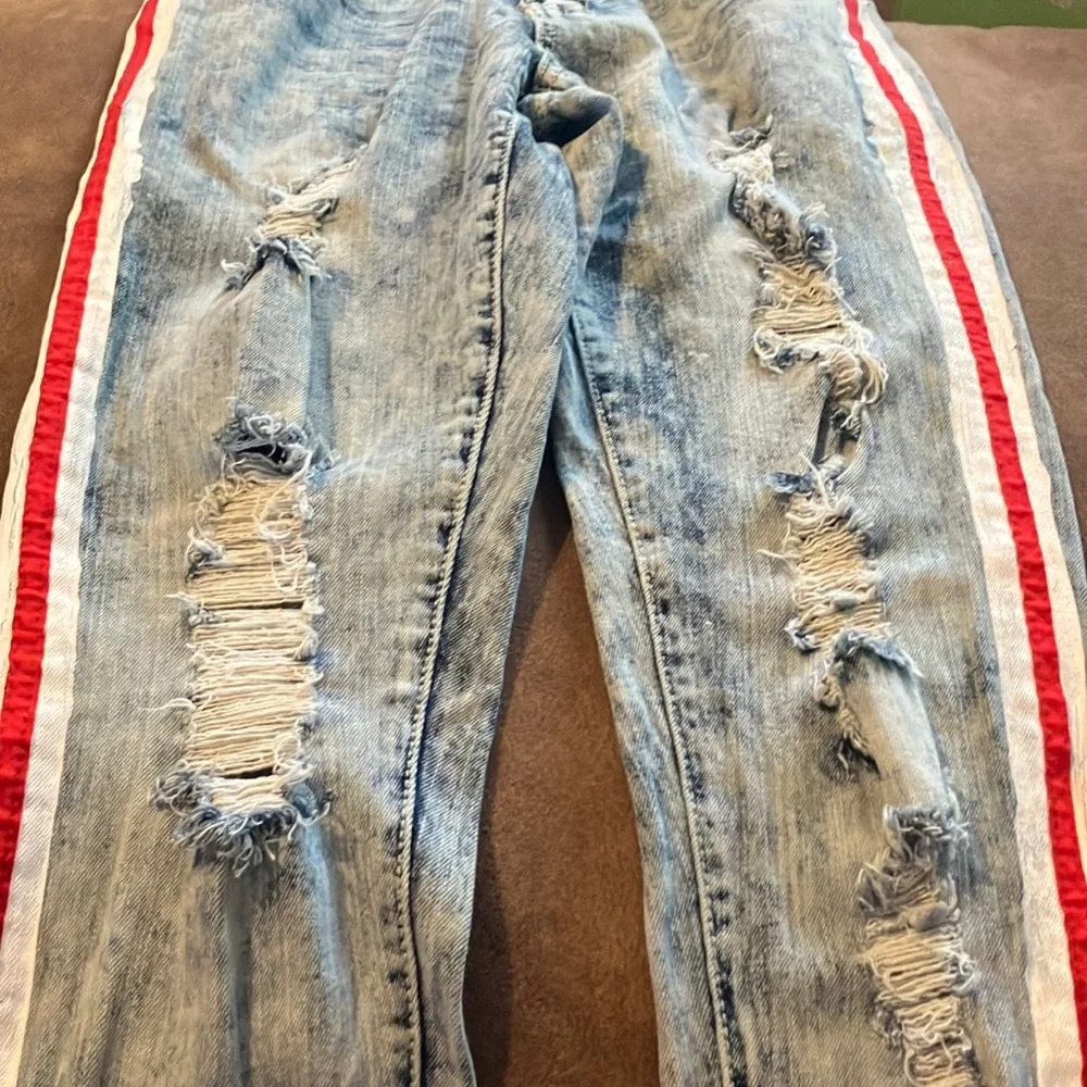 Rue21 Supreme Stretch Skinny Jeans with‎ red/white stripes & Distressed Details